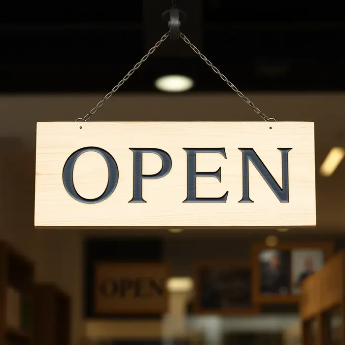 A wooden sign reading OPEN