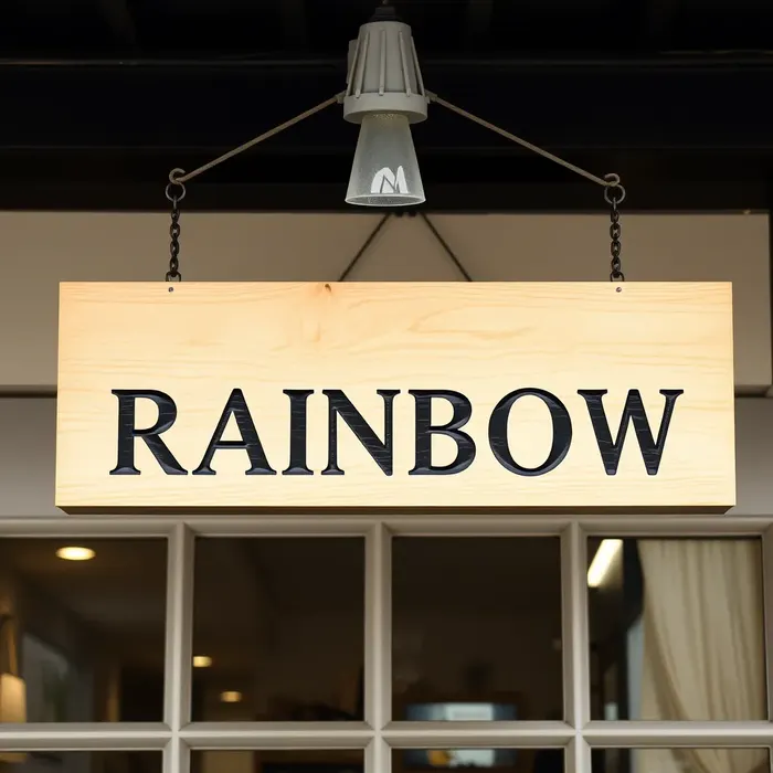 A wooden sign reading RAINBOW