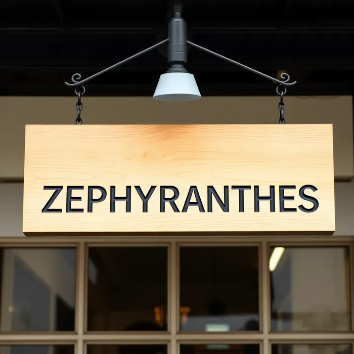 A wooden sign reading ZEPHYRANTHES